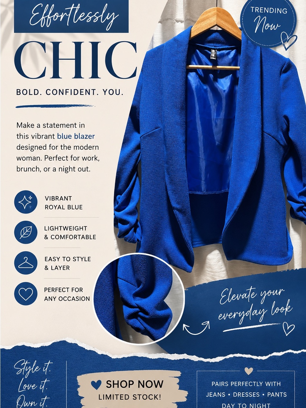 Chic Royal Blue Textured Blazer with Ruched Sleeves Womens Size S